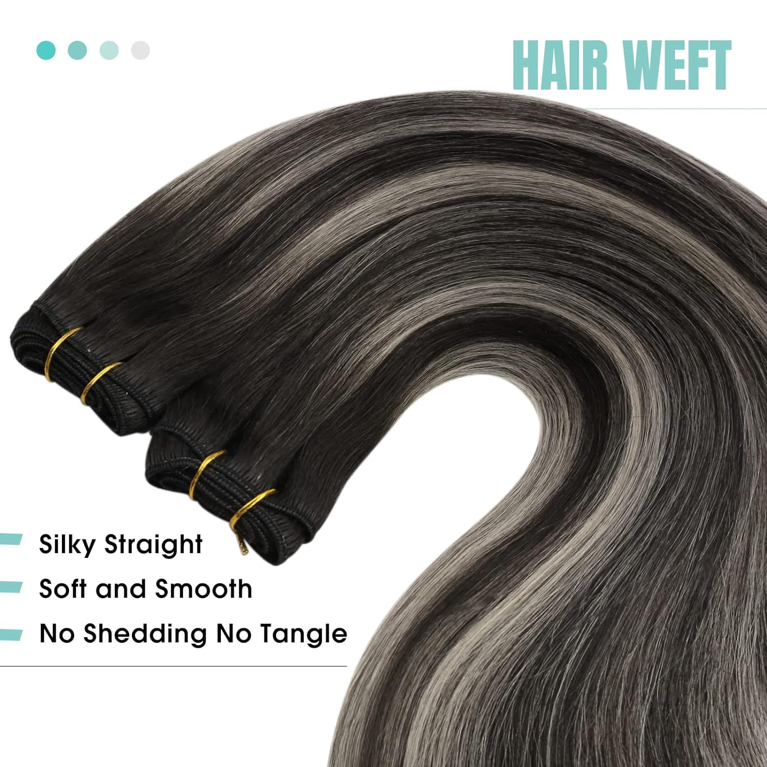 1B Natural Gray Human Hair Sew-In Weft Extensions Sew in Hair Extensions Ombre Black Weft Hair Extensions Human Hair Sew in Real Hair Extensions Blend of Black and Silver with Black Roots Weft Hair.