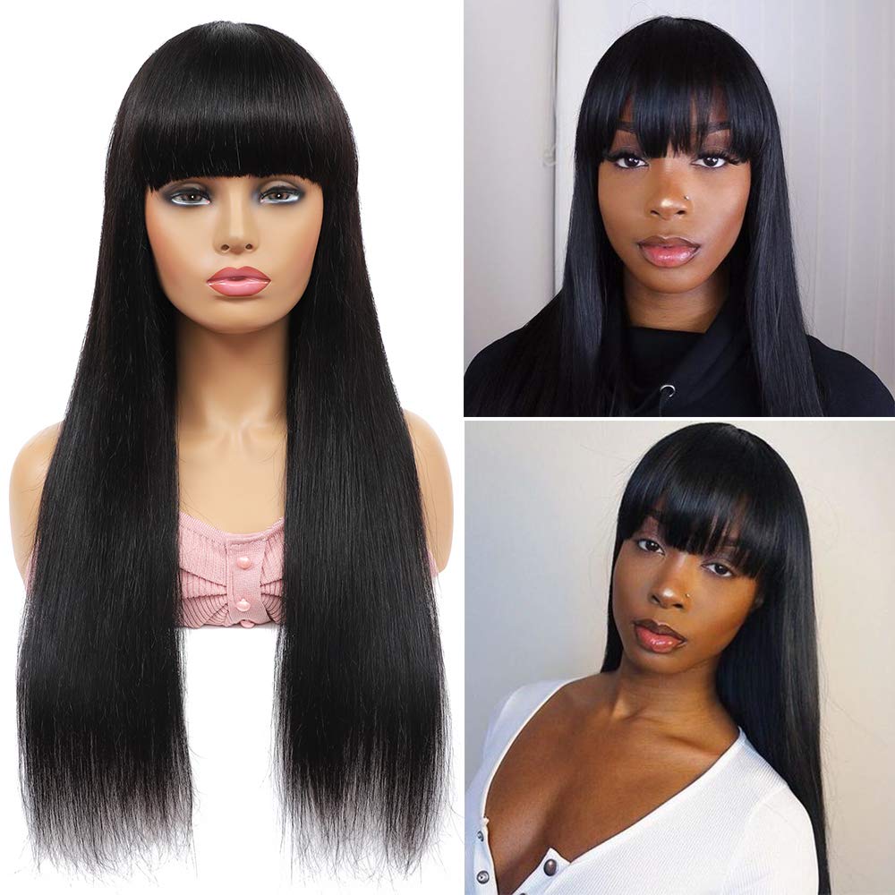 REMY HAIR Black Wig with Bangs 20 Inch Long Straight 100% Human Hair Wig  Glueless None Lace Front Wigs Unprocessed Brazilian Virgin Hair Wig with