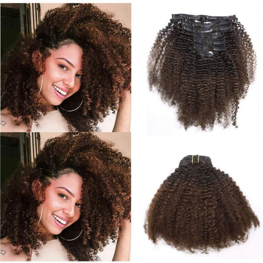Coarse Yaki Curly Clip in Hair Extensions Natural Human Hair 3C 4A Afro (Ombre #1B/4)