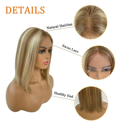 R.E.AP Magic-Radiant Transformation: Brown to Blonde Highlight Short Chin-Length Bob Wig - Straight Human Hair for White Women's Women with Alopecia, Cancer Chemo, and Hair Loss! Hair Alternative & Hair Replacement Solution