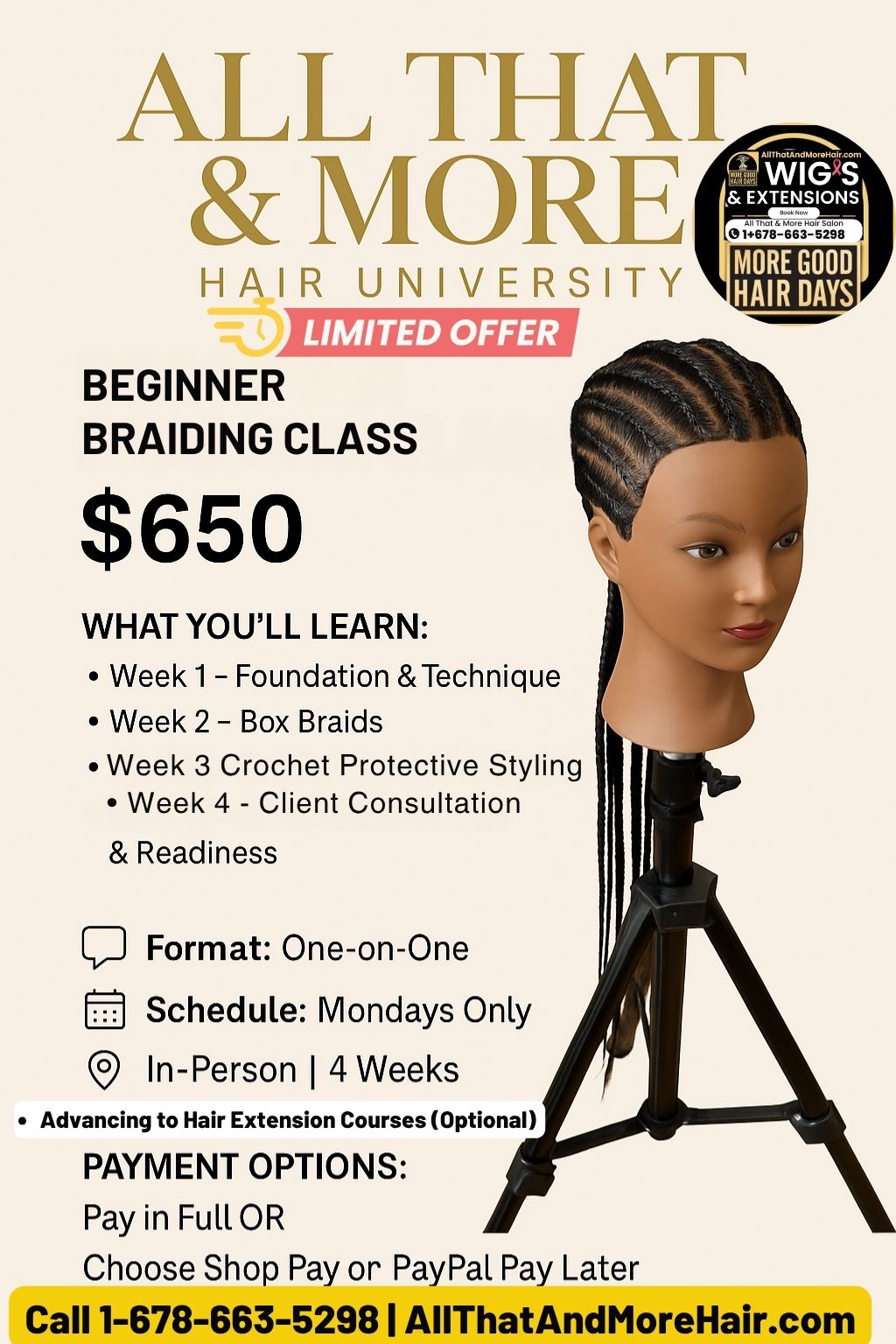 Atlanta 🧵 Beginner Braiding Class – One-on-One 4-Week Training $650 - Limited time offer All That & More Hair Training 1-678-663-5298