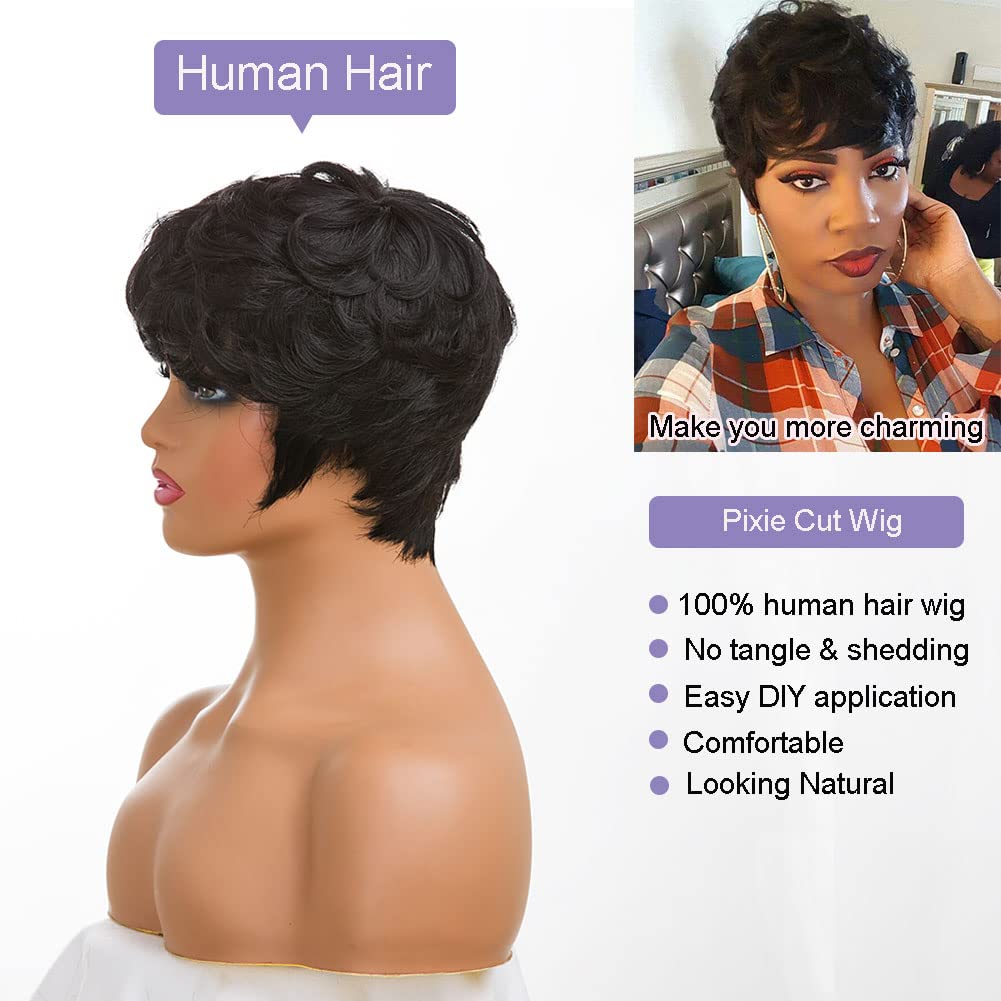 Short Pixie Cut Human Hair Wigs for Black Women Natual Black Curly Pixie Cut Hair Wigs with Bangs Short Wigs Human Hai