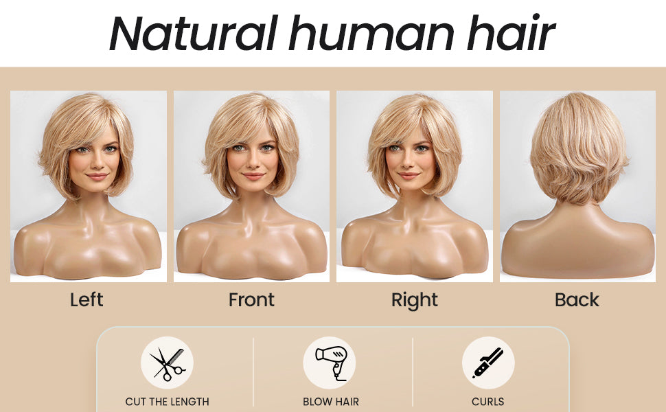 Short Brown Wig for Women with Hair Loss. Comfortable & Natural Looking. Hand-Tied Lace Front Human Hair Wig Layered Bob Wig with Bangs Natural Wig for Daily Use