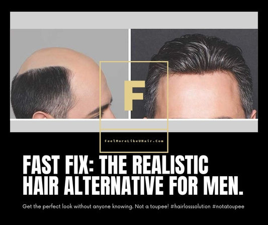 Fast Fix: The realistic hair alternative for men. Get a full head of hair, instantly and confidently!  Get the perfect look without anyone knowing. Not a toupee! #hairlosssolution #notatoupee Say goodbye to bad hair days with our premium hair pieces for men. Made with high-quality materials, you'll look and feel your best no matter the occasion. Try one of our three styles today. Get a New Look with Our Hair Pieces for Men