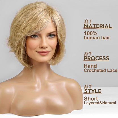 Short Brown Wig for Women with Hair Loss. Comfortable & Natural Looking. Hand-Tied Lace Front Human Hair Wig Layered Bob Wig with Bangs Natural Wig for Daily Use