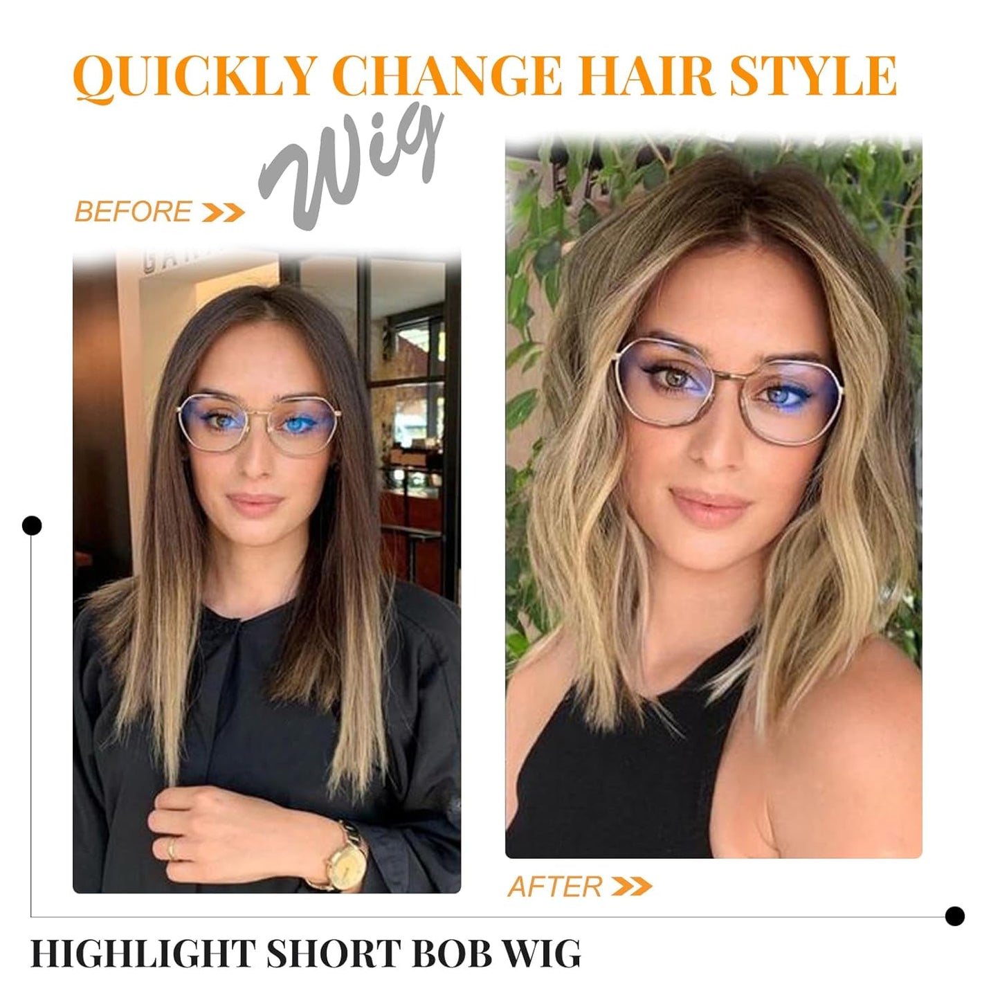 Radiant Transformation: Brown to Blonde Highlight Short Chin-Length Bob Wig - Straight Human Hair for White Women's Women with Alopecia, Cancer Chemo, and Hair Loss! Hair Alternative &amp; Hair Replacement