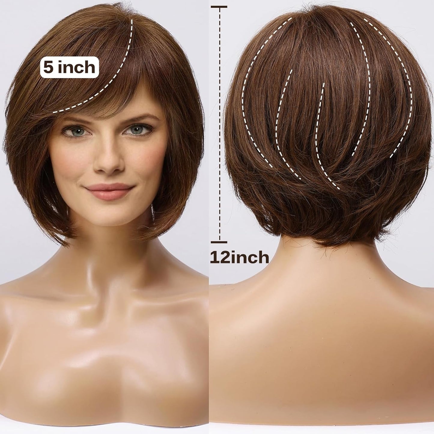 Short Brown Wig for Women with Hair Loss. Comfortable & Natural Looking. Hand-Tied Lace Front Human Hair Wig Layered Bob Wig with Bangs Natural Wig for Daily Use