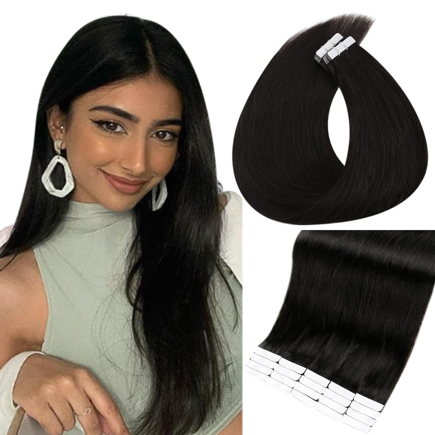 Black Tape in Hair Extensions Human Hair 18 Inch Human Hair Extensions Tape in Color 1 Jet Black Tape in Human Hair Extensions 100 Grams 40 Pcs