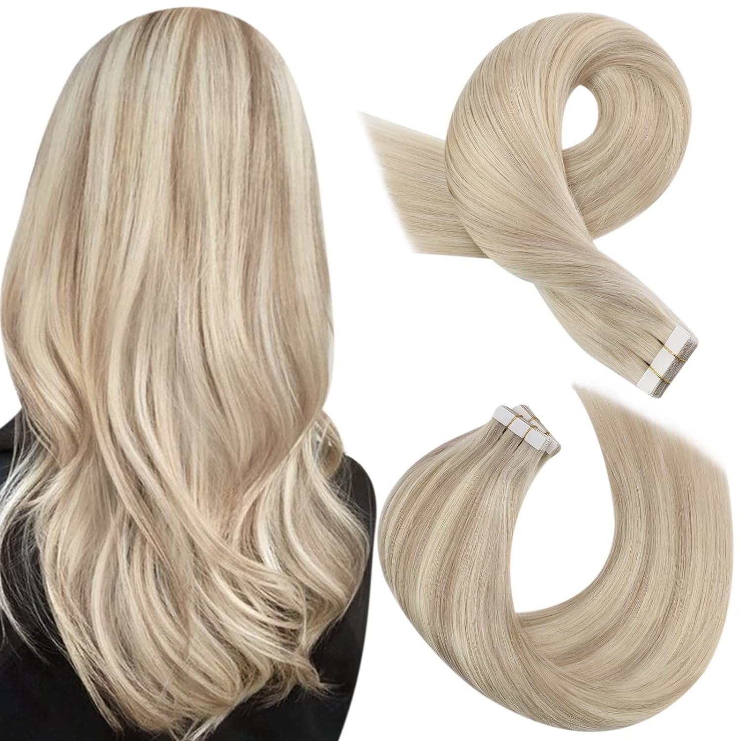 Tape in Human Hair Extensions Blonde Highlighted Tape in Extensions Real Hair Invisible Hair Extensions Ash Blonde Mix with Bleach Blonde Hair. Color:# 18P613