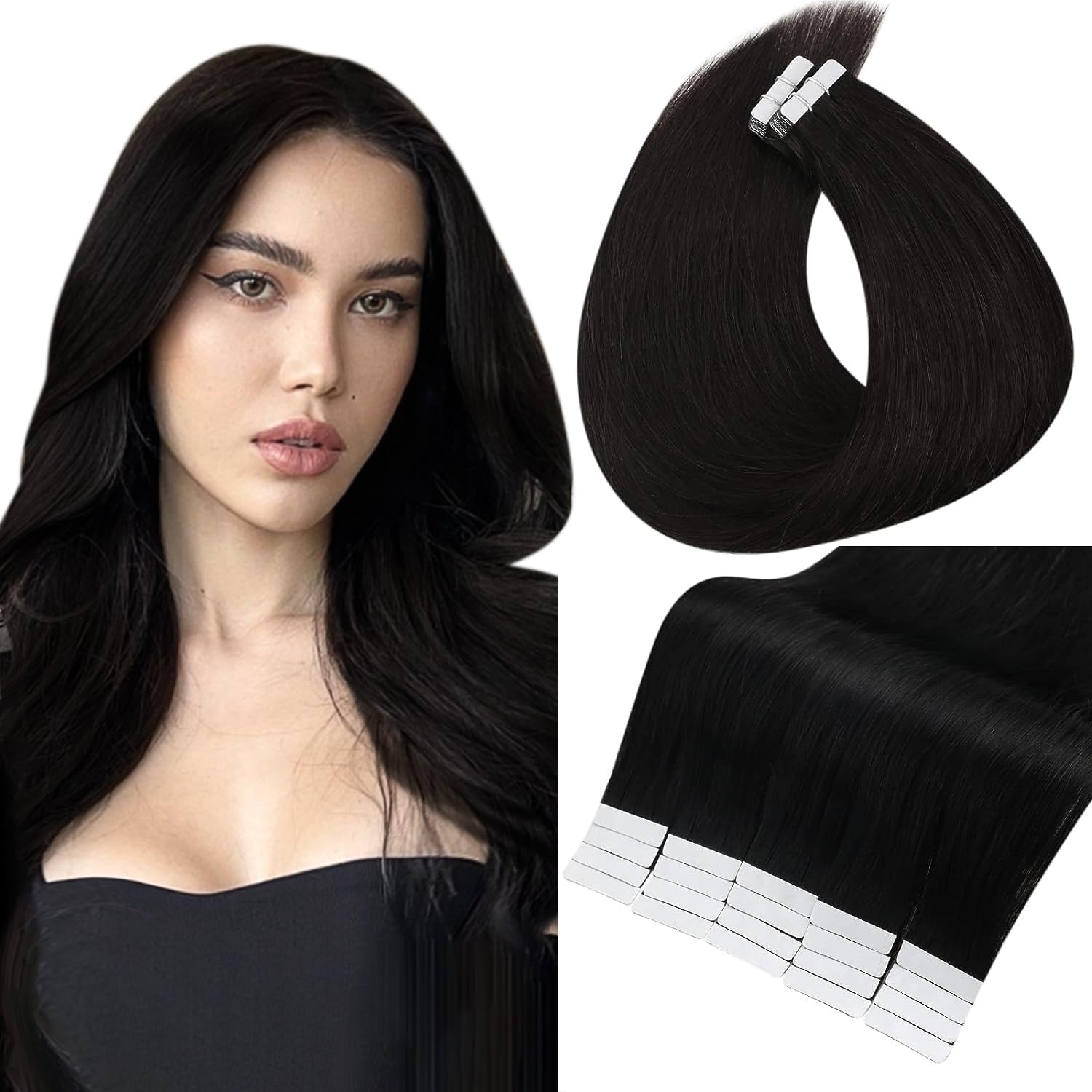 18 Inch Human Hair Tape in Extension Color Off Black 1B Remy Tape in Human Hair Extensions 40 Pcs Adhesive Extensions Hair 100 Gram Skin Weft Tape..