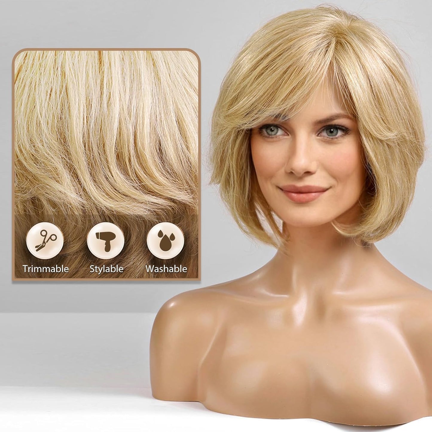 Short Brown Wig for Women with Hair Loss. Comfortable & Natural Looking. Hand-Tied Lace Front Human Hair Wig Layered Bob Wig with Bangs Natural Wig for Daily Use