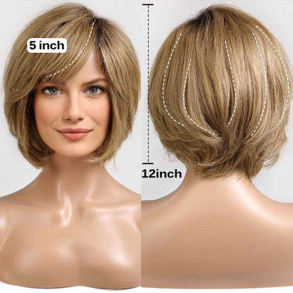 Short Brown Wig for Women with Hair Loss. Comfortable & Natural Looking. Hand-Tied Lace Front Human Hair Wig Layered Bob Wig with Bangs Natural Wig for Daily Use