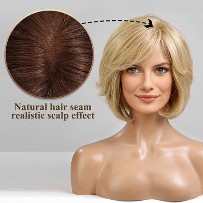 Short Brown Wig for Women with Hair Loss. Comfortable & Natural Looking. Hand-Tied Lace Front Human Hair Wig Layered Bob Wig with Bangs Natural Wig for Daily Use