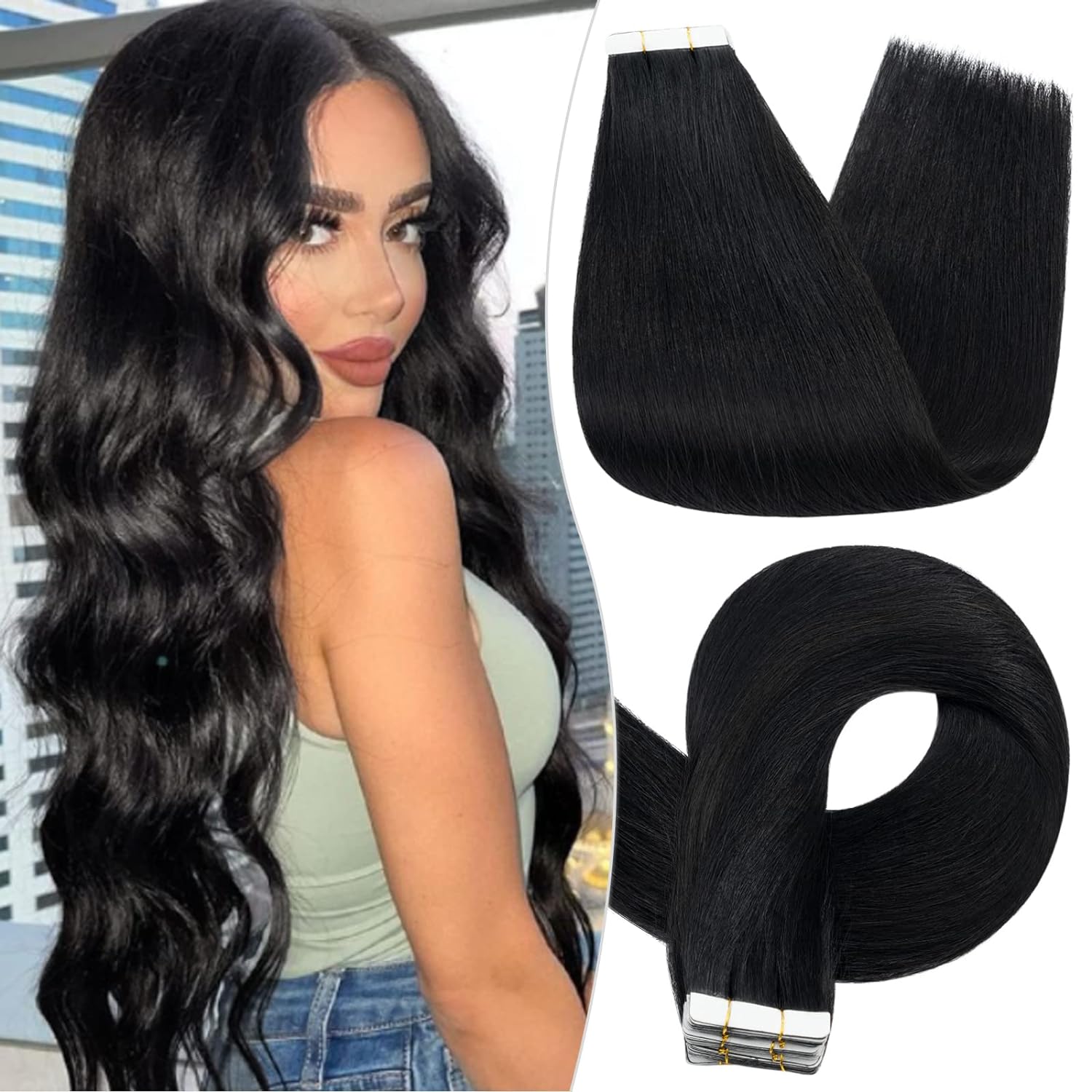 Tape in Hair Extensions Human Hair Jet Black Hair Extensions Tape in Invisible Tape in Extensions Real Human Hair Tape in Seamless Human Hair Extensions 18 Inch #1 40pcs 100g