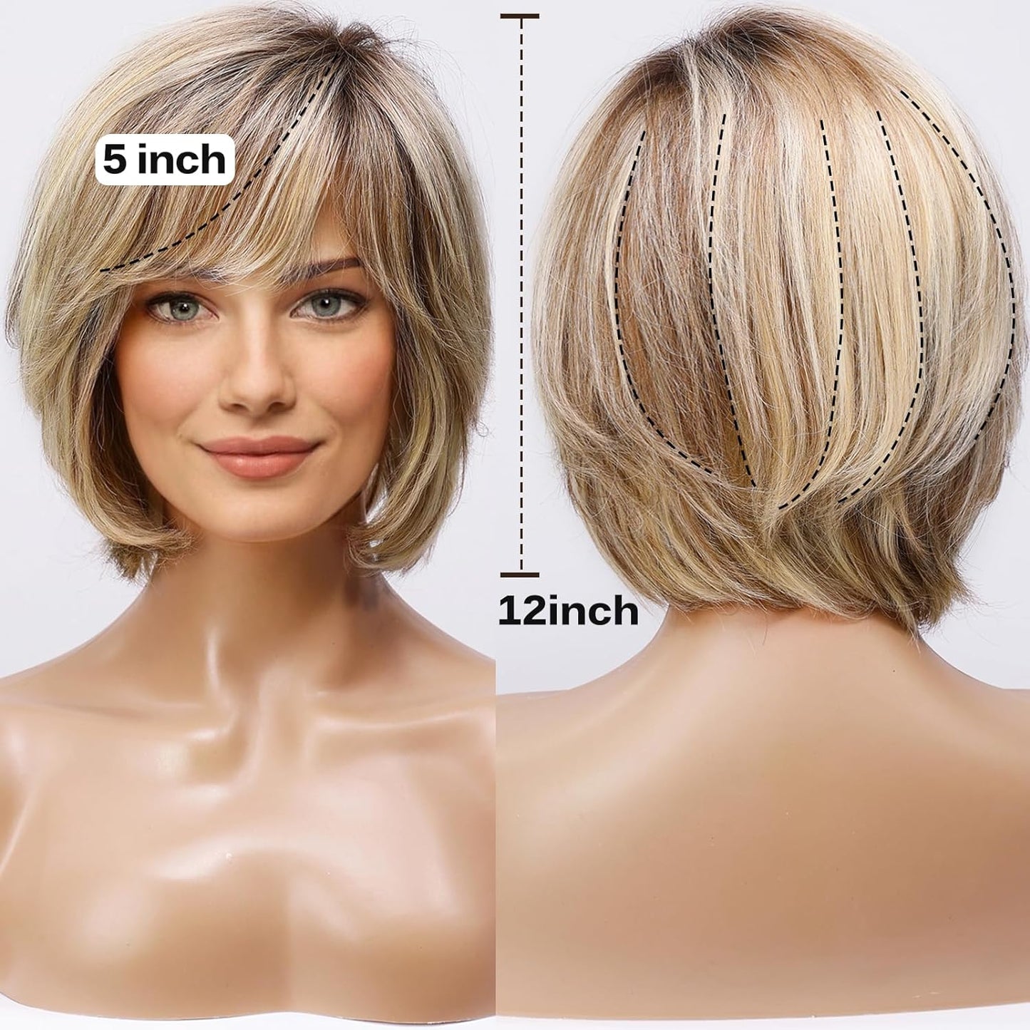 Short Brown Wig for Women with Hair Loss. Comfortable & Natural Looking. Hand-Tied Lace Front Human Hair Wig Layered Bob Wig with Bangs Natural Wig for Daily Use