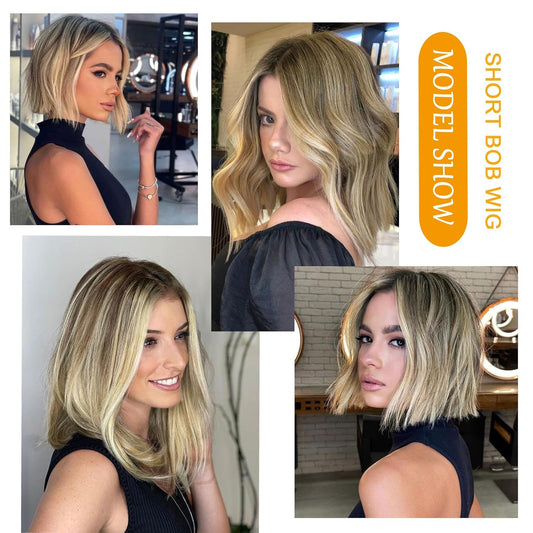 Radiant Transformation: Brown to Blonde Highlight Short Chin-Length Bob Wig - Straight Human Hair for White Women's Women with Alopecia, Cancer Chemo, and Hair Loss! Hair Alternative &amp; Hair Replacement