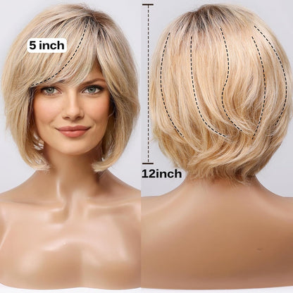 Short Brown Wig for Women with Hair Loss. Comfortable & Natural Looking. Hand-Tied Lace Front Human Hair Wig Layered Bob Wig with Bangs Natural Wig for Daily Use