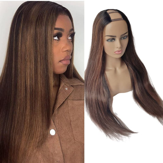 Straight U-Part Wig Protective Style | Custom Color Ombre Highlighted Brown