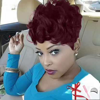 Firstina Short Pixie Cut Curly Wig Color Burgundy 99J Red Wine with Bangs Natural Wavy Layered Fluffy Synthetic Hair