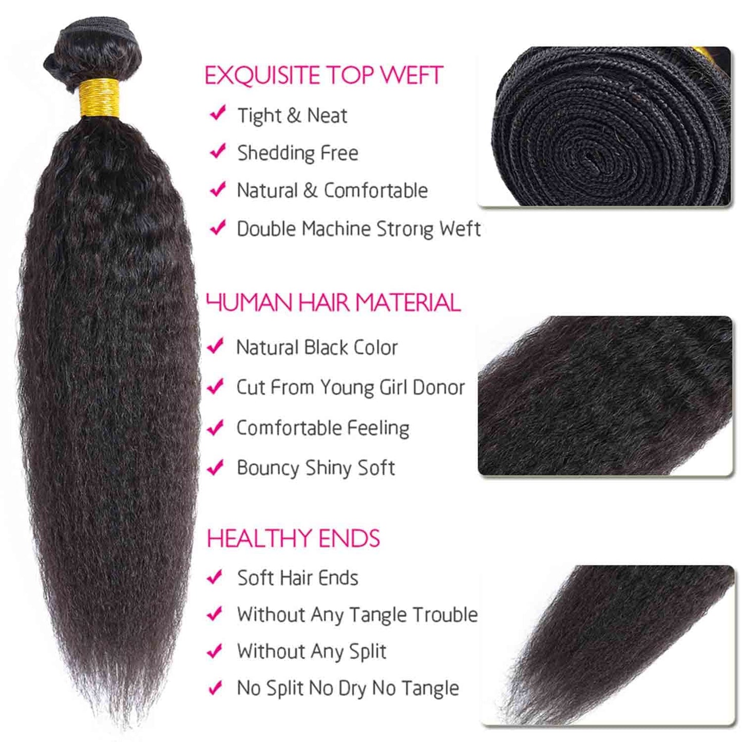 Kinky Straight Human Hair | Yaki Straight Brazilian Virgin Human Hair Bundles | Kinky Straight Remy Hair Extensions