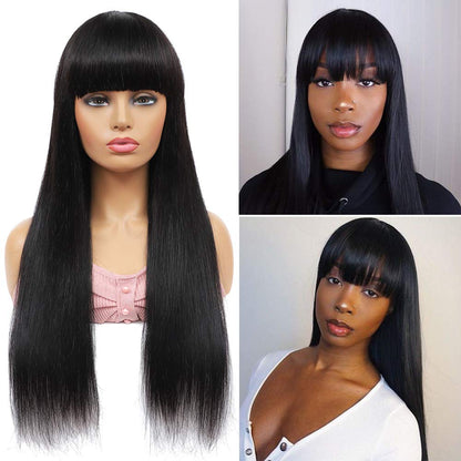 Straight Human Hair Wigs with Bangs (14inch-26inch) None Lace Front Wigs Human Hair for Black Women 150% Density Glueless Machine Custom Made Brazilian Remy Hair Wigs Natural Black