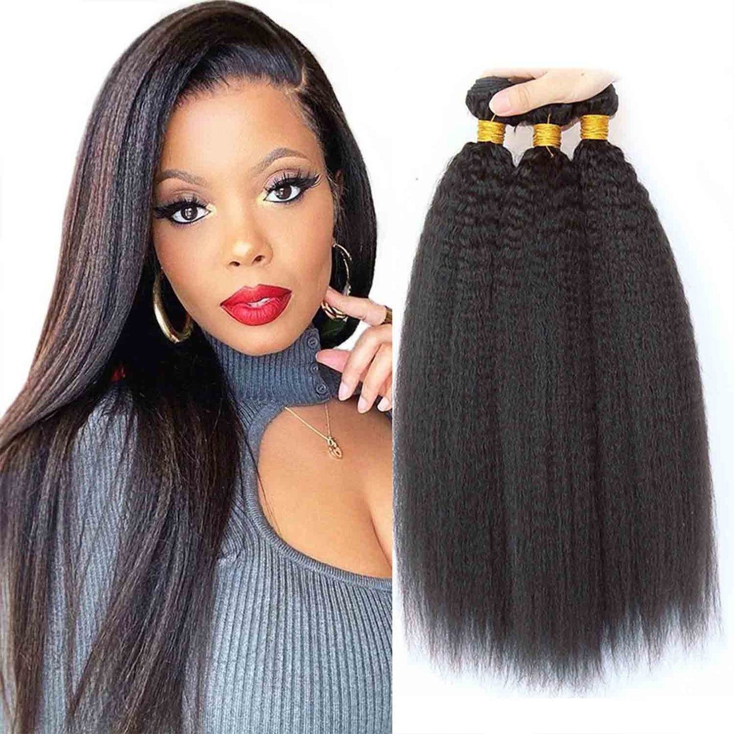 Kinky Straight Human Hair | Yaki Straight Brazilian Virgin Human Hair Bundles | Kinky Straight Remy Hair Extensions