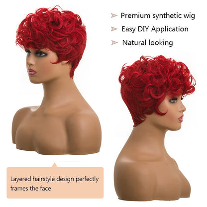 Elegant Red Pixie Cut Wig with Bangs Natural Wavy Synthetic Hair