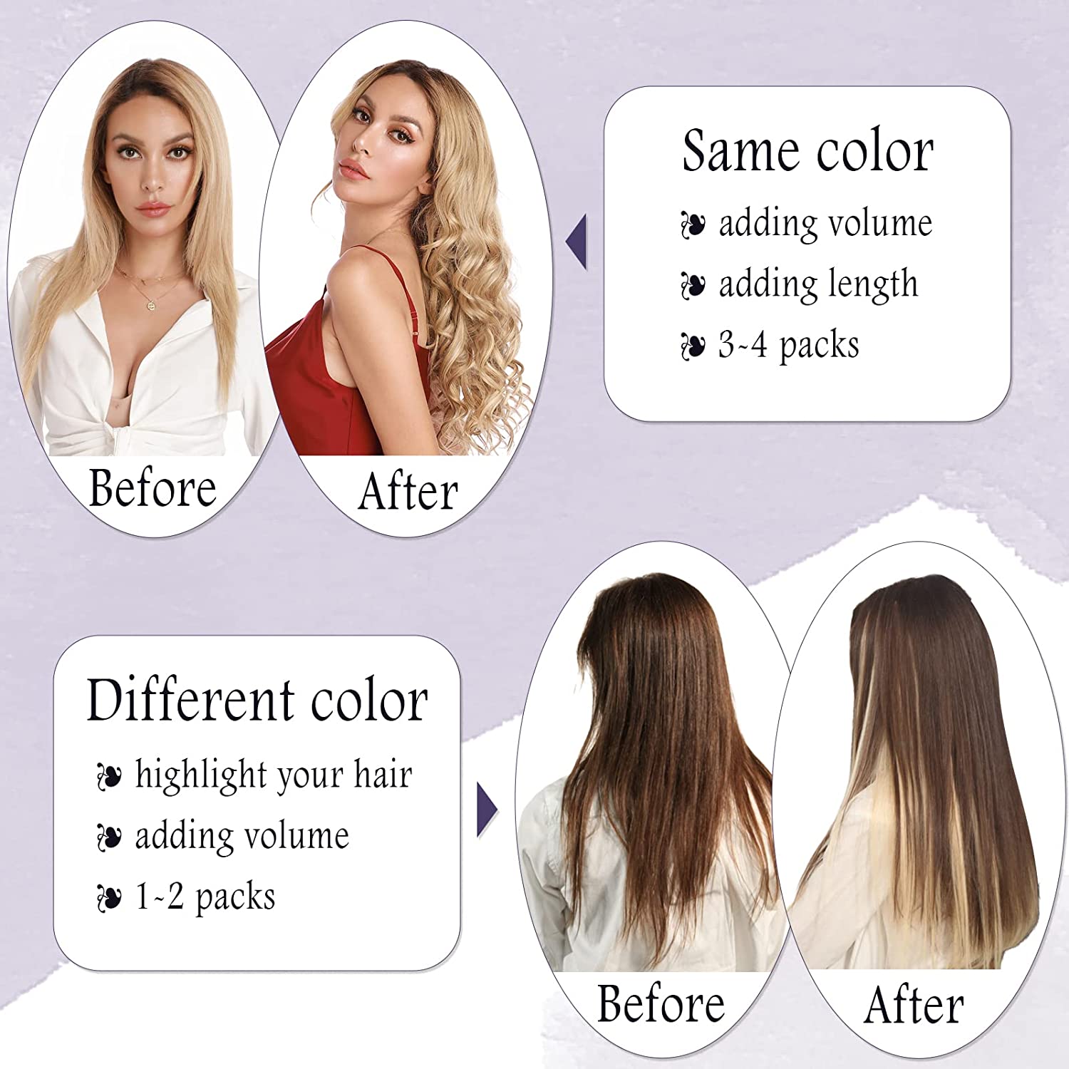 DESCRIPTION Pack 100 Strands Style Straight Application Time 2 - 3 Hours (Approx.) Life 6 - 12 Months Weight 1.0g/strand Fiber 100% Remy Human Hair Note 200-300 strands are recommended for full head. Usage Flat iron, wash and dry, curl available, but the hair color can not be dyed light.