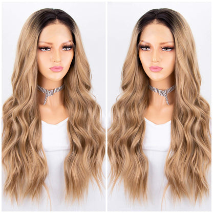 Blonde Ombre Lace Front Wig 2 Tones Long Wavy Wigs for Women Glueless Synthetic Hair Replacement Wigs Heat Resistant 22 Inches