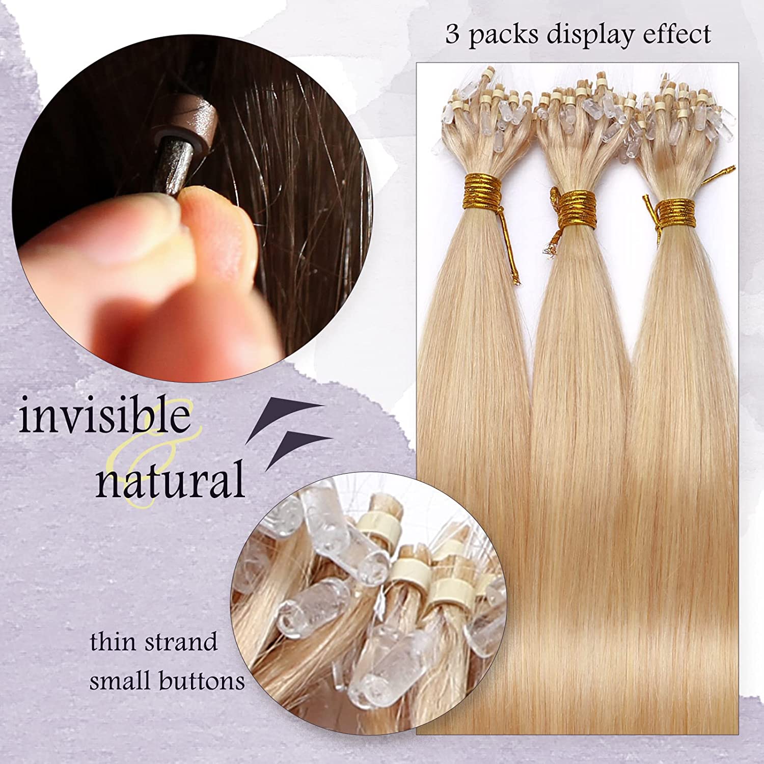 DESCRIPTION Pack 100 Strands Style Straight Application Time 2 - 3 Hours (Approx.) Life 6 - 12 Months Weight 1.0g/strand Fiber 100% Remy Human Hair Note 200-300 strands are recommended for full head. Usage Flat iron, wash and dry, curl available, but the hair color can not be dyed light.