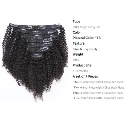 Coarse Yaki Curly Clip in Hair Extensions Natural Human Hair 3C 4A Afro (Natural black #1B)
