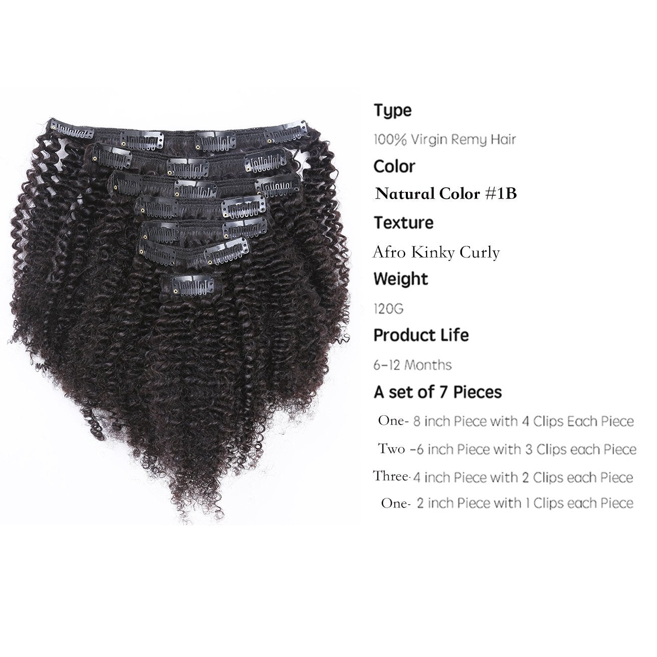 Coarse Yaki Curly Clip in Hair Extensions Natural Human Hair 3C 4A Afro (Natural black #1B)