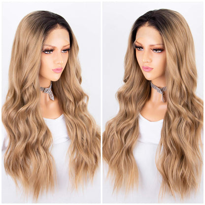 Blonde Ombre Lace Front Wig 2 Tones Long Wavy Wigs for Women Glueless Synthetic Hair Replacement Wigs Heat Resistant 22 Inches