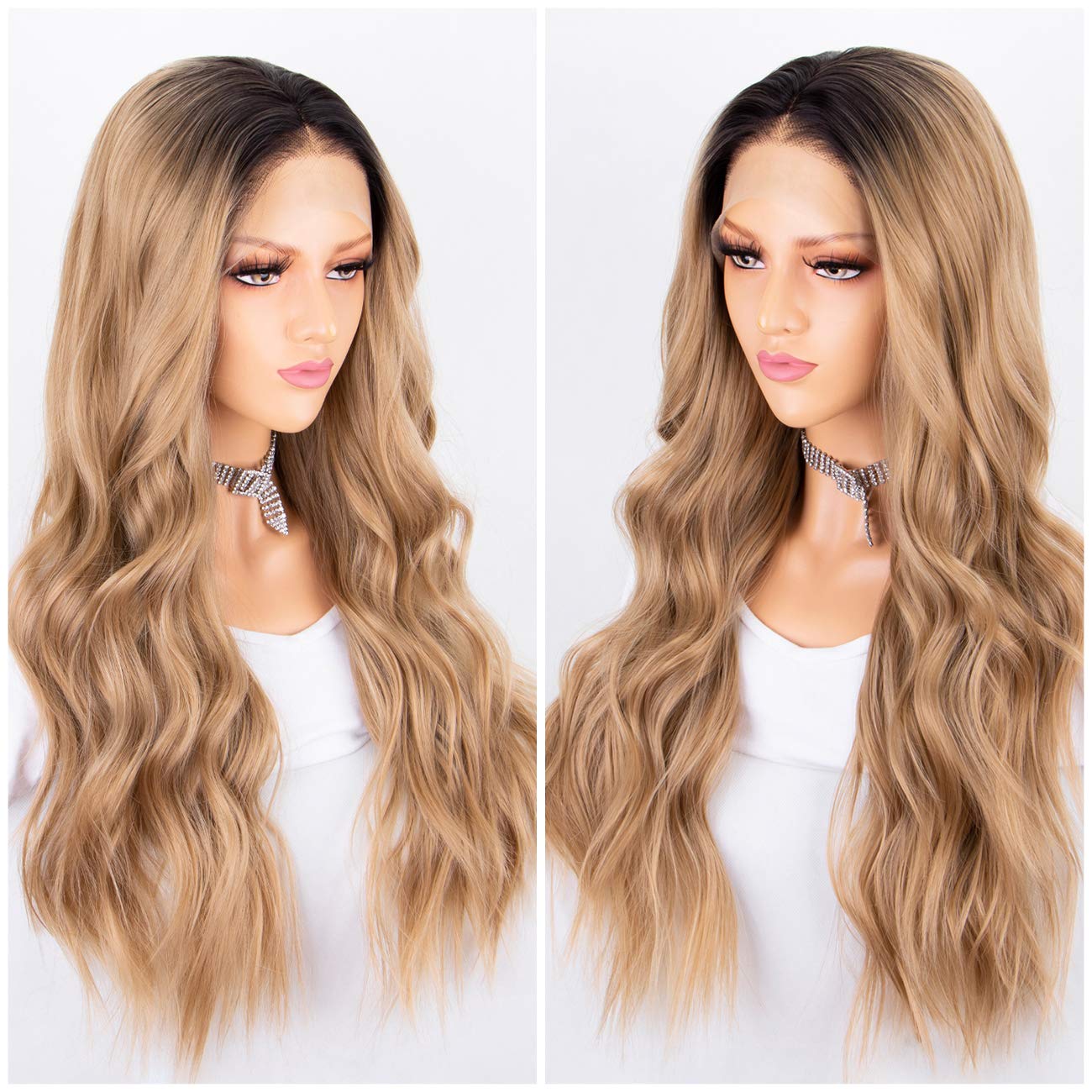 Blonde Ombre Lace Front Wig 2 Tones Long Wavy Wigs for Women Glueless Synthetic Hair Replacement Wigs Heat Resistant 22 Inches