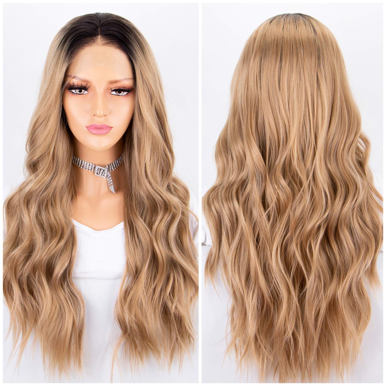 Blonde Ombre Lace Front Wig 2 Tones Long Wavy Wigs for Women Glueless Synthetic Hair Replacement Wigs Heat Resistant 22 Inches