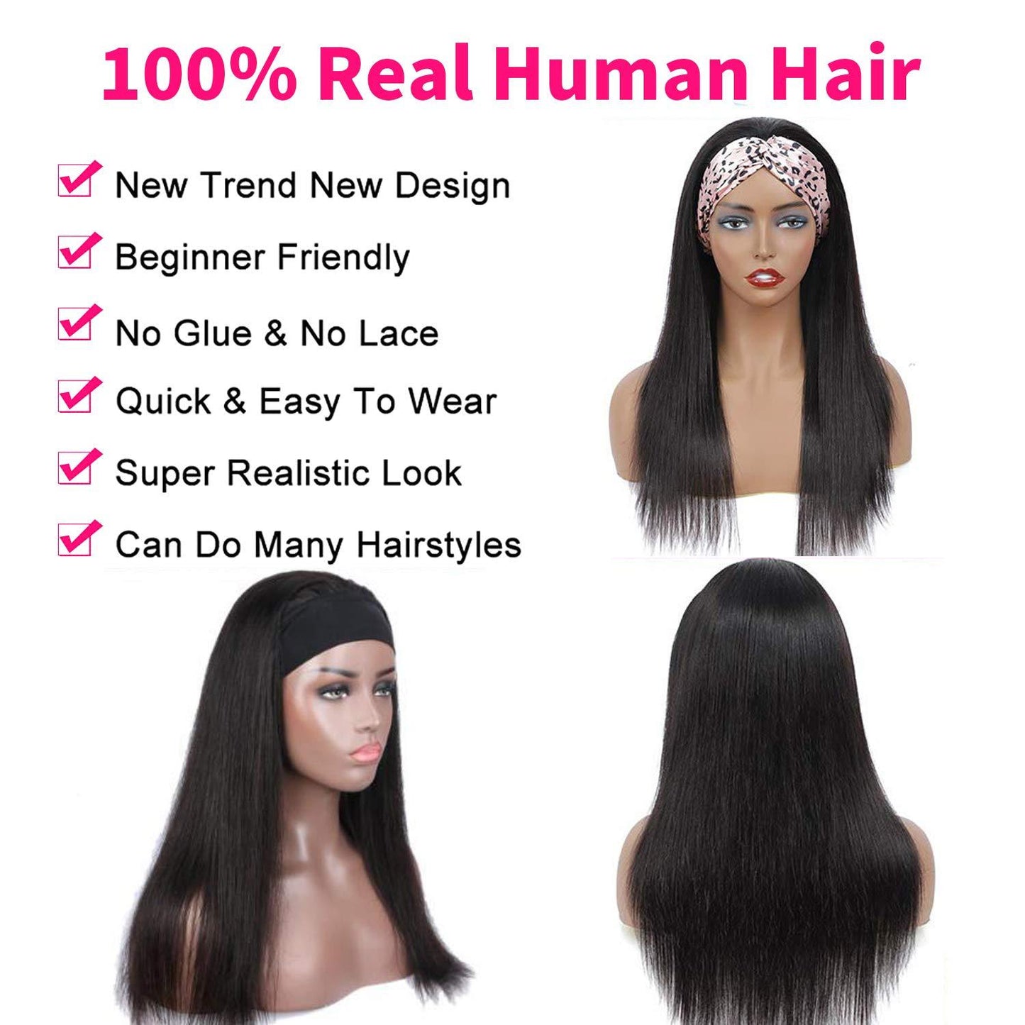 Custom Headband Wigs Human Hair Straight Headband Wigs 14 inch -22 inch Glueless None Lace Front Wigs Brazilian Virgin Hair Straight Human Hair Headband Wigs for Women 120% Density