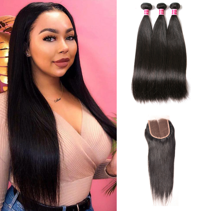 Brazilian Straight Virgin Hair 3 Bundles With Closure Free Part (14 16 18 with 14inch)