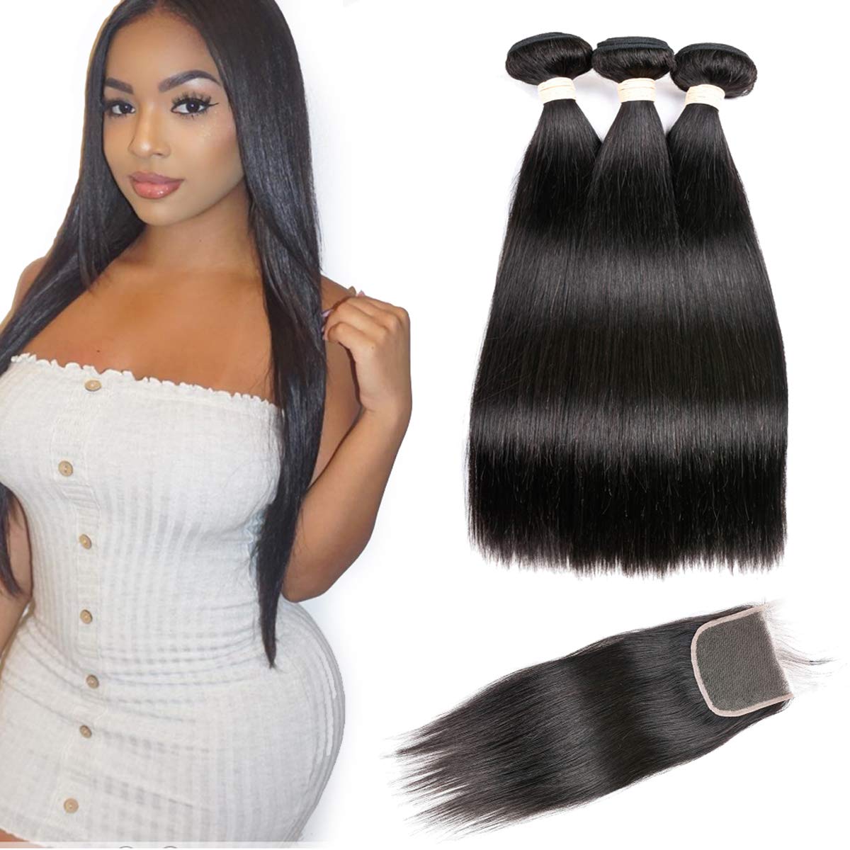 Brazilian Straight Virgin Hair 3 Bundles With Closure Free Part (14 16 18 with 14inch) custom-wigs-extensions-toupee-hair-pieces-hair-solutions
