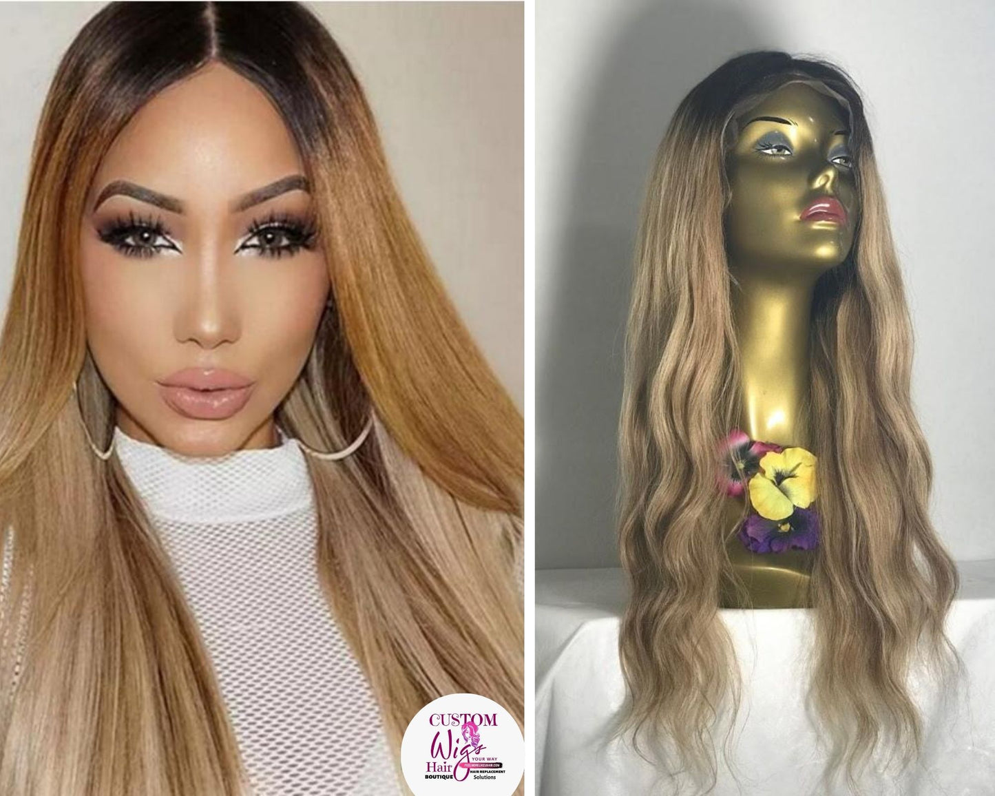 20 Inch Blonde wig with dark shadow Roots Ombre Balayage Hair Color 1B Fading To 6 and 27 Honey Blonde Highlighted human hair
