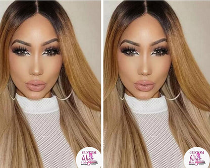 20 Inch Blonde wig with dark shadow Roots Ombre Balayage Hair Color 1B Fading To 6 and 27 Honey Blonde Highlighted human hair