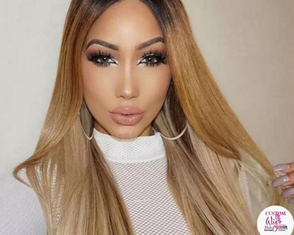 20 Inch Blonde wig with dark shadow Roots Ombre Balayage Hair Color 1B Fading To 6 and 27 Honey Blonde Highlighted human hair