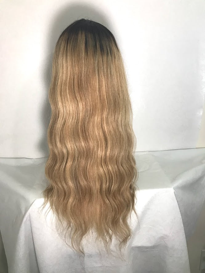 20 Inch Blonde wig with dark shadow Roots Ombre Balayage Hair Color 1B Fading To 6 and 27 Honey Blonde Highlighted human hair