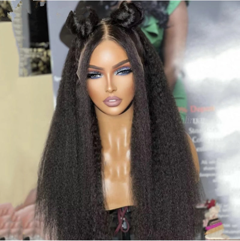 Soft Black Natural Long 28 inch Yaki Kinky Straight Hair Wig For Women Natural Hairline Kinky Straight Wig With Afro Baby Hair