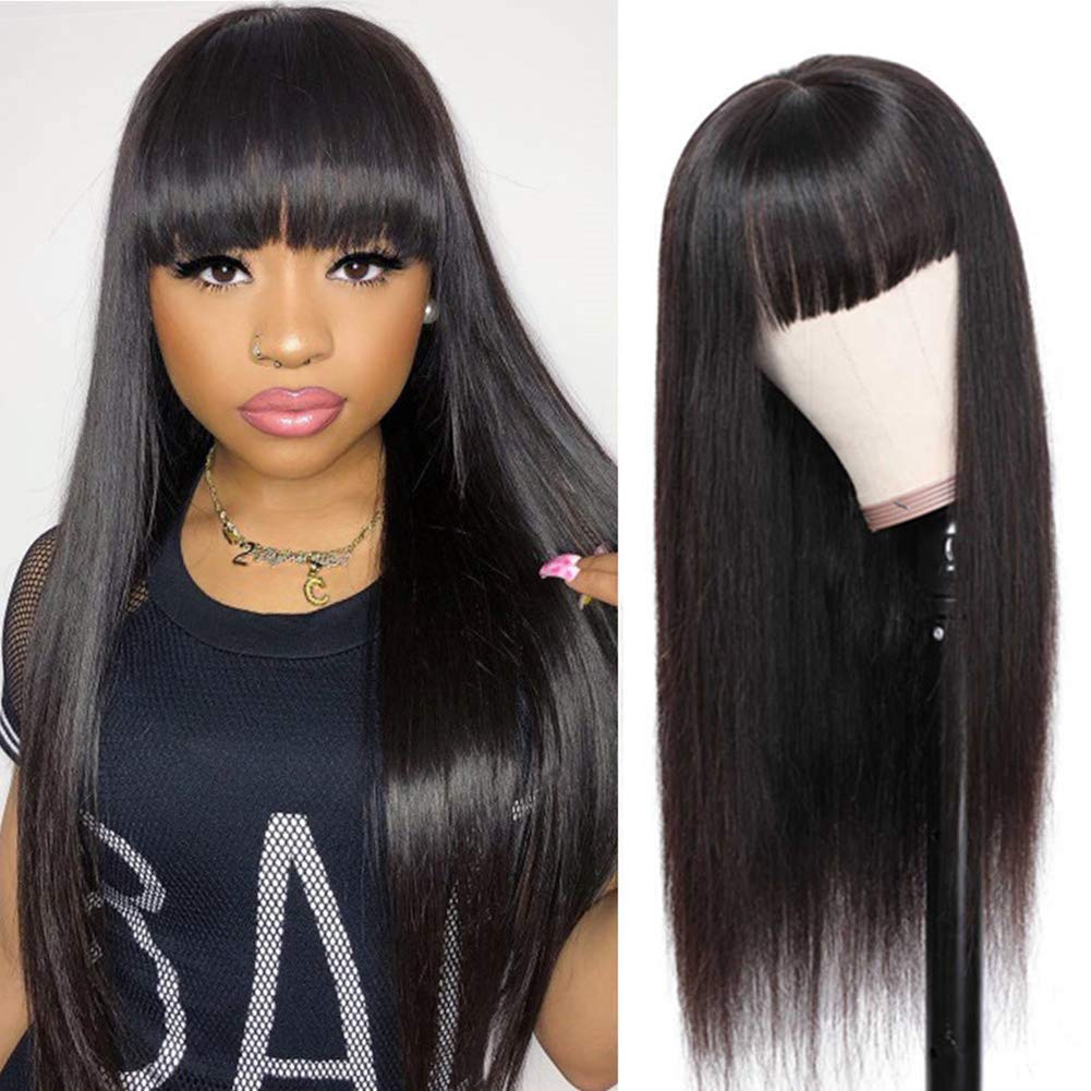 REMY HAIR Black Wig with Bangs 20 Inch Long Straight 100% Human Hair Wig  Glueless None Lace Front Wigs Unprocessed Brazilian Virgin Hair Wig with