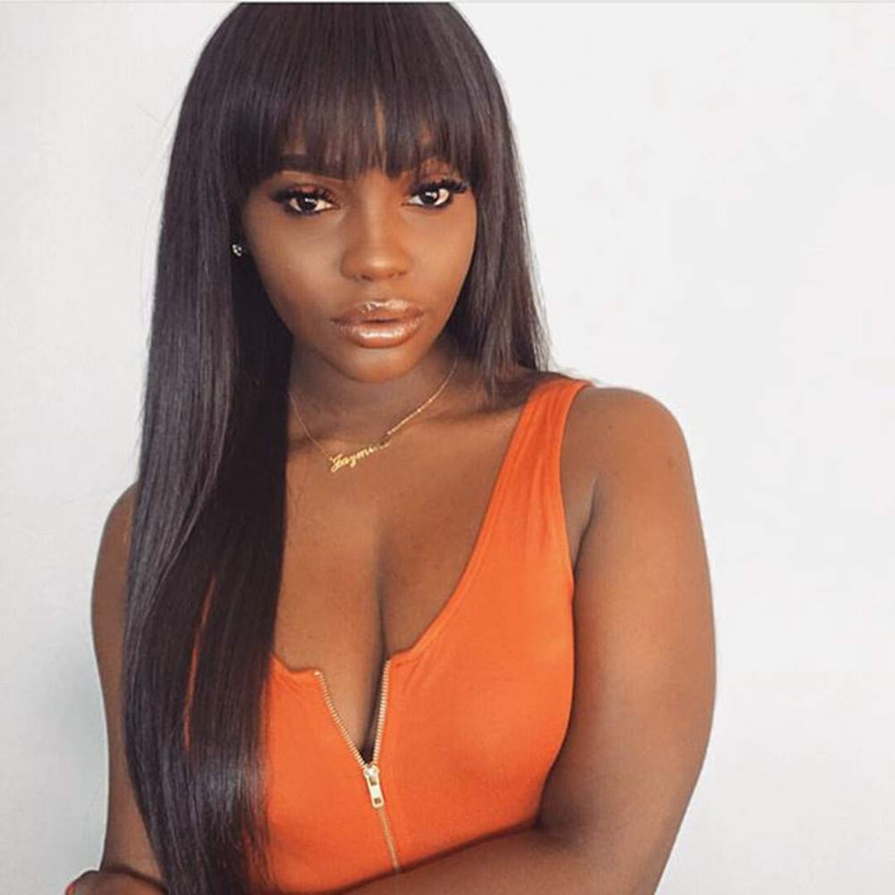 Straight Human Hair Wigs with Bangs (14inch-26inch) None Lace Front Wigs Human Hair for Black Women 150% Density Glueless Machine Custom Made Brazilian Remy Hair Wigs Natural Black