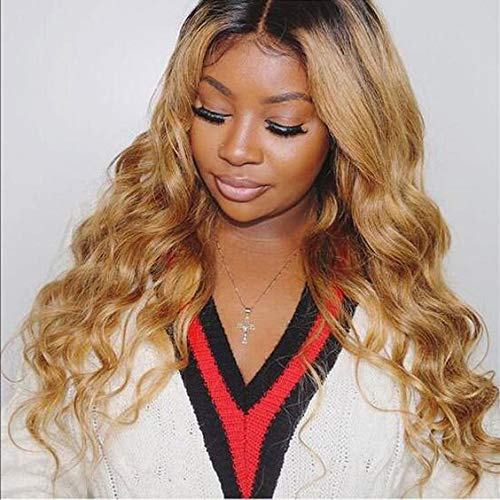 20 Inch Blonde wig with dark shadow Roots Ombre Balayage Hair Color 1B Fading To 6 and 27 Honey Blonde Highlighted human hair