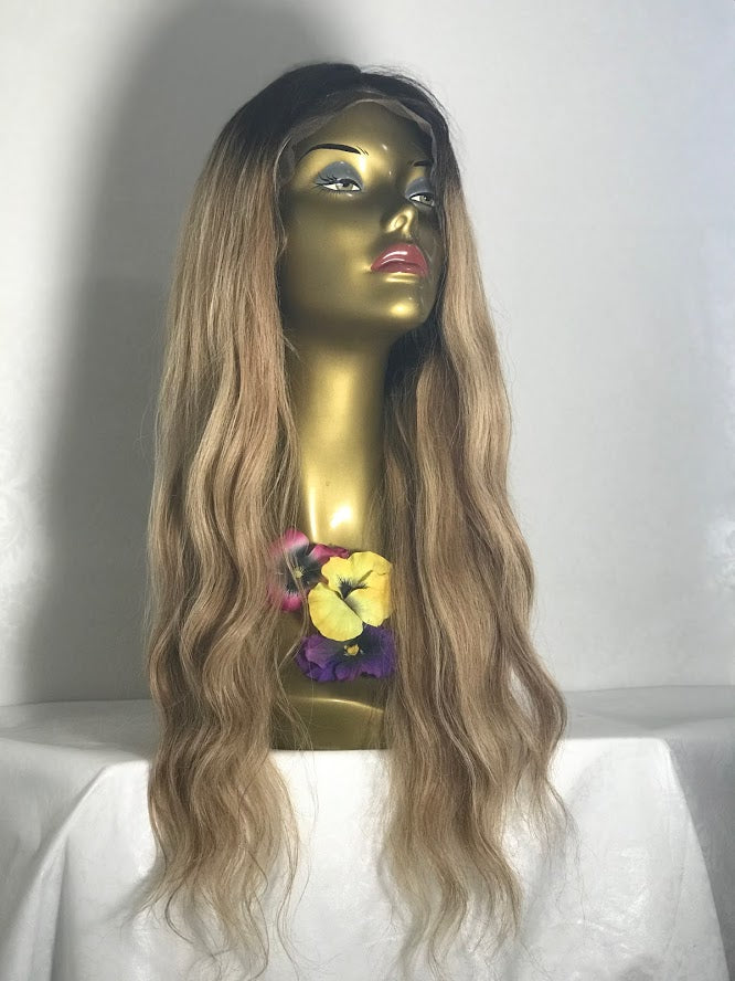 20 Inch Blonde wig with dark shadow Roots Ombre Balayage Hair Color 1B Fading To 6 and 27 Honey Blonde Highlighted human hair