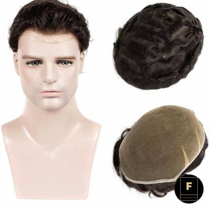 Custom Toupee for Men Human Hair Full French Lace 8×10 Inches Base Man's Hair Replacement Systems Soft Bleached Lace Hairpiece, Off Black Color #1B