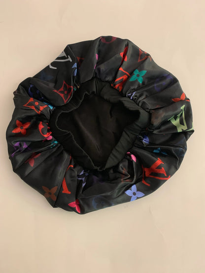 BONNET-09 Luxury Black Multi-Color Hair Bonnet Silk Slumber Cap