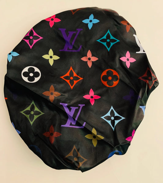 BONNET-09 Luxury Black Multi-Color Hair Bonnet Silk Slumber Cap